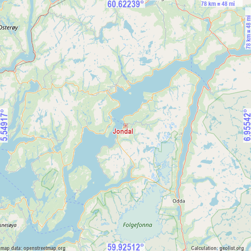 Jondal on map