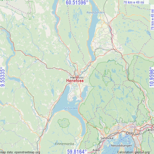 Hønefoss on map