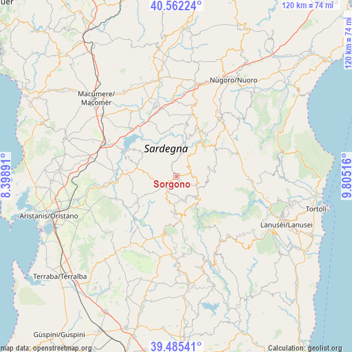 Sorgono on map