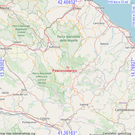 Pescocostanzo on map