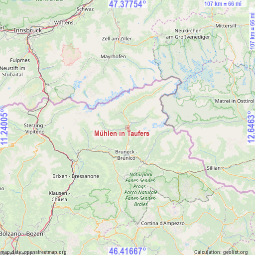 Mühlen in Taufers on map