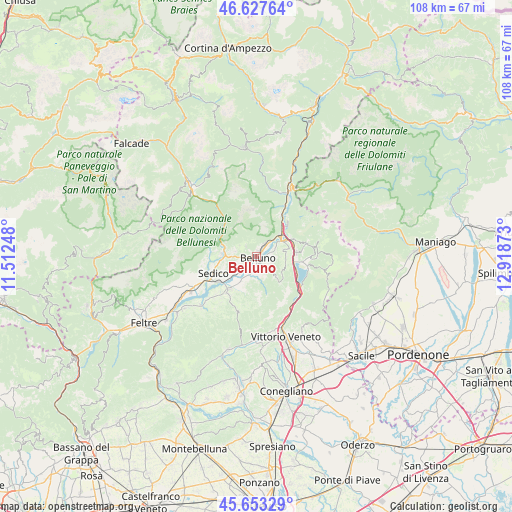 Belluno on map