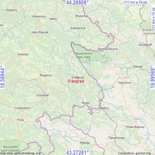 Višegrad on map