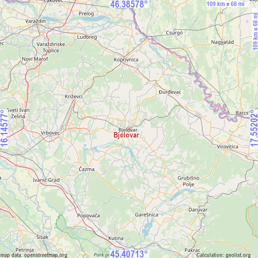 Bjelovar on map