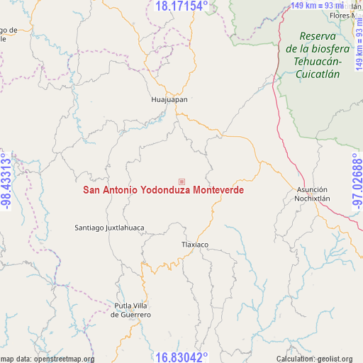 San Antonio Yodonduza Monteverde on map