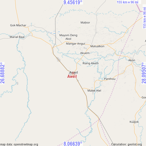 Aweil on map