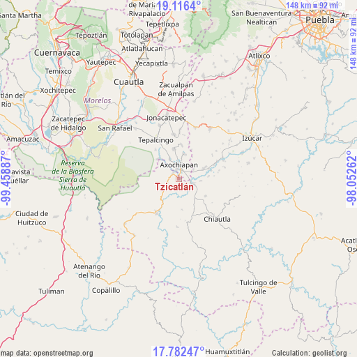 Tzicatlán on map