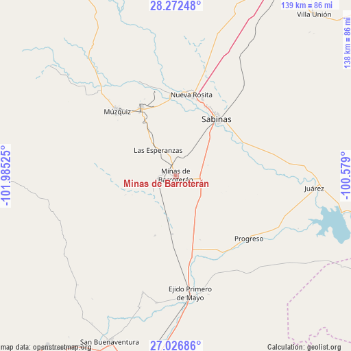Minas de Barroterán on map