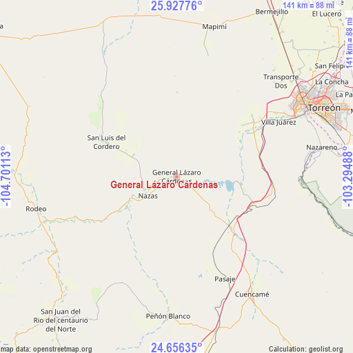 General Lázaro Cárdenas on map
