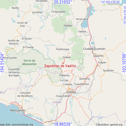 Zapotitlán de Vadillo on map