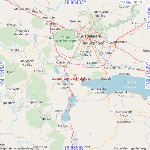 Zapotitán de Hidalgo on map