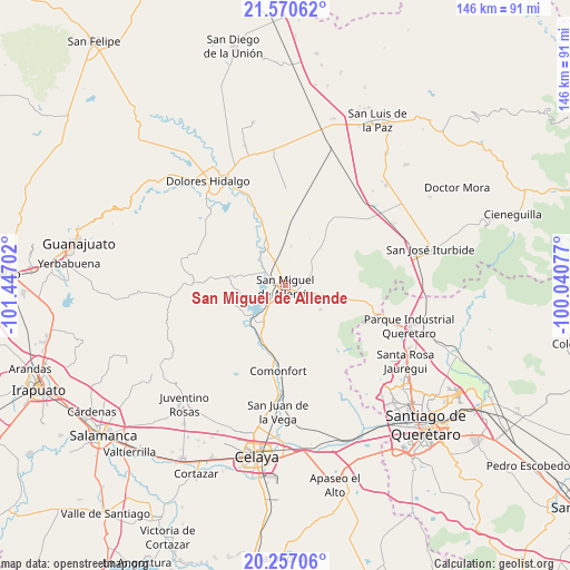 San Miguel de Allende on map
