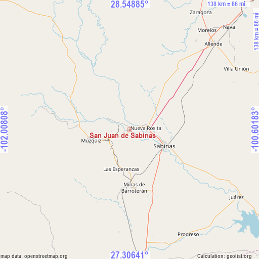 San Juan de Sabinas on map