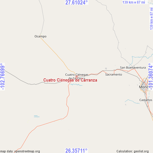 Cuatro Ciénegas de Carranza on map
