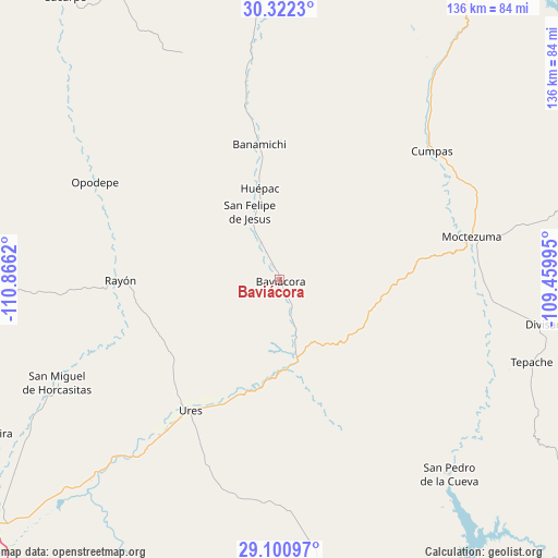 Baviácora on map