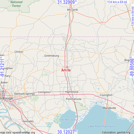 Amite on map