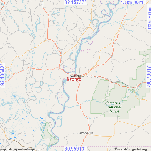 Natchez on map