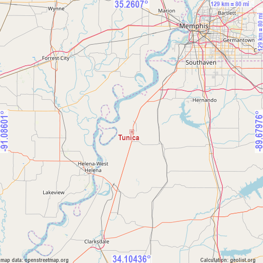 Tunica on map