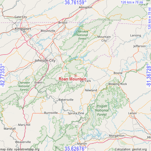 Roan Mountain on map