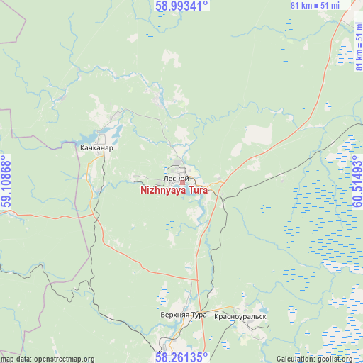 Nizhnyaya Tura on map