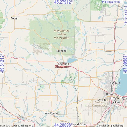 Shawano on map