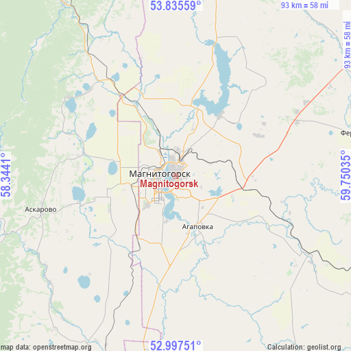 Magnitogorsk on map