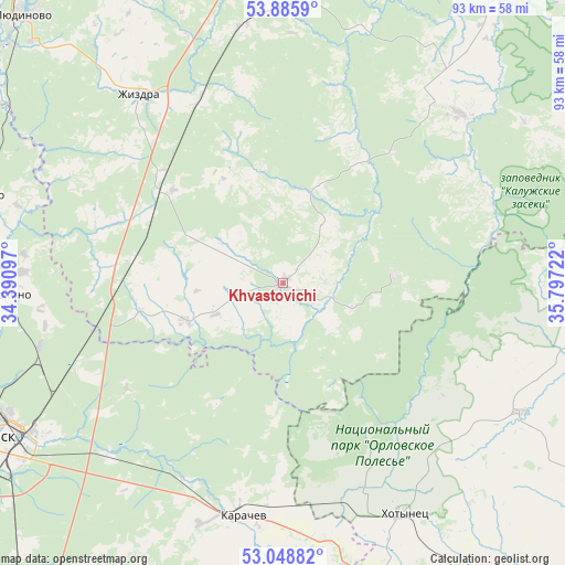 Khvastovichi on map