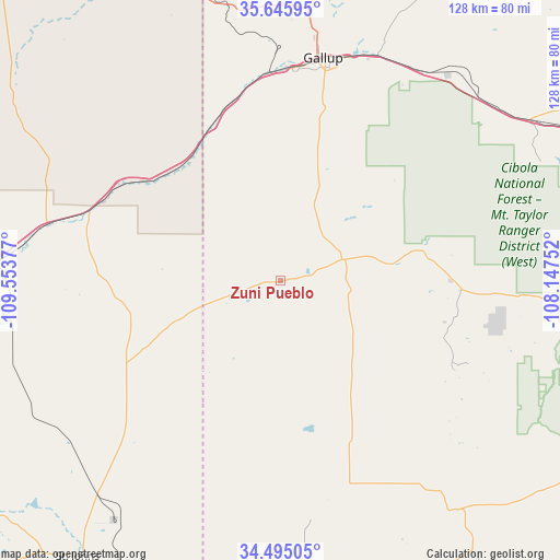 Zuni Pueblo on map