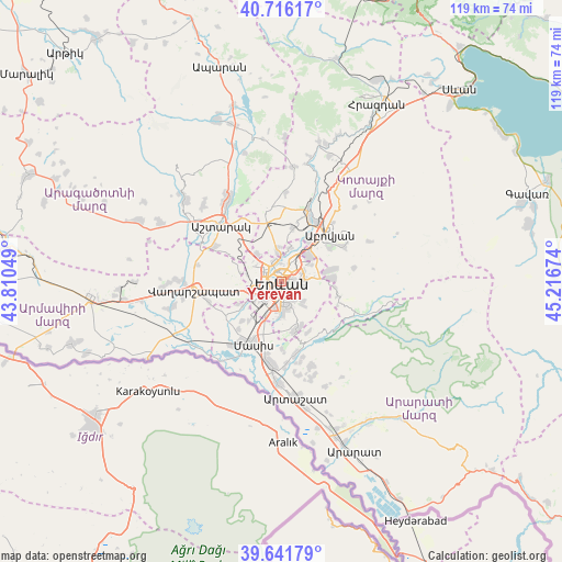 Yerevan on map