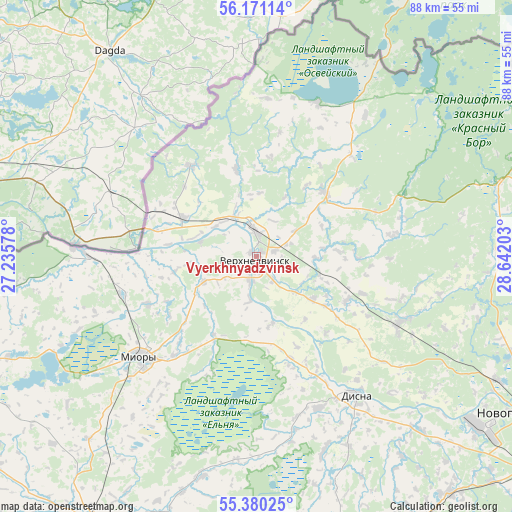 Vyerkhnyadzvinsk on map