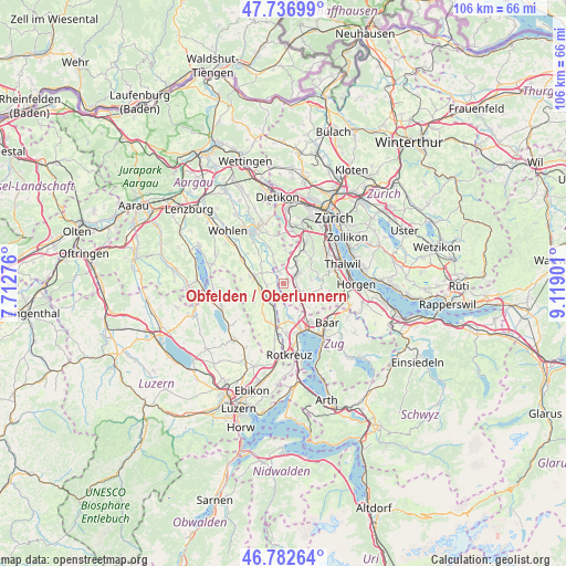 Obfelden / Oberlunnern on map