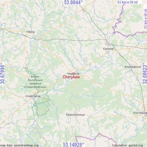 Cherykaw on map