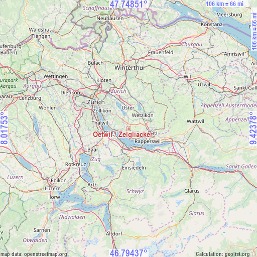 Oetwil / Zelgliacker on map