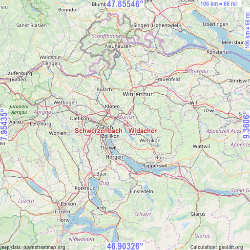 Schwerzenbach / Widacher on map