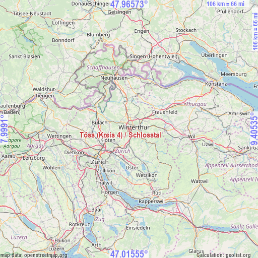 Töss (Kreis 4) / Schlosstal on map