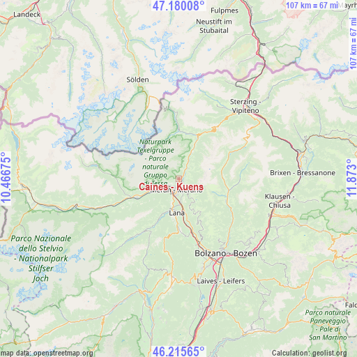 Caines - Kuens on map