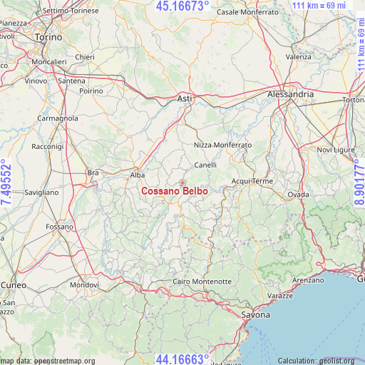 Cossano Belbo on map