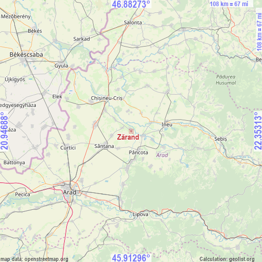 Zărand on map