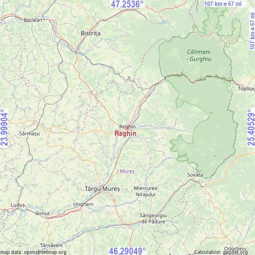 Reghin on map