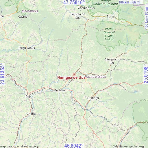 Nimigea de Sus on map