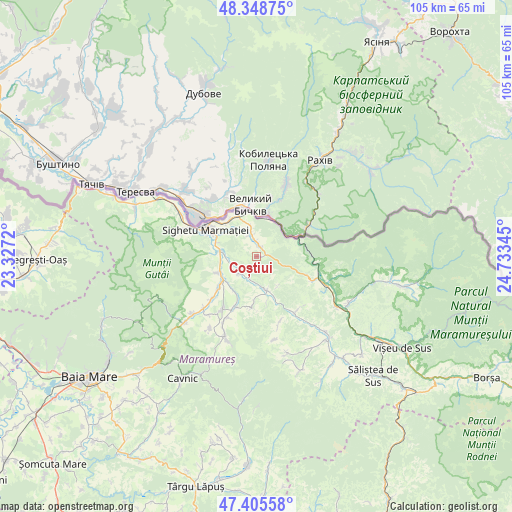 Coștiui on map