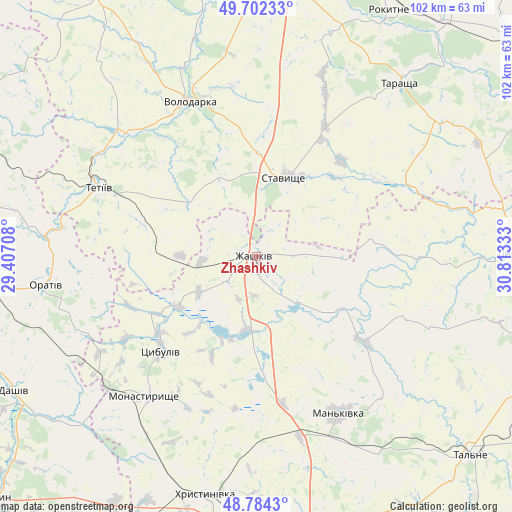 Zhashkiv on map