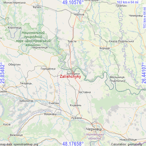 Zalishchyky on map