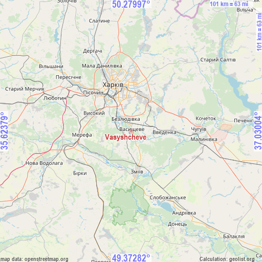 Vasyshcheve on map