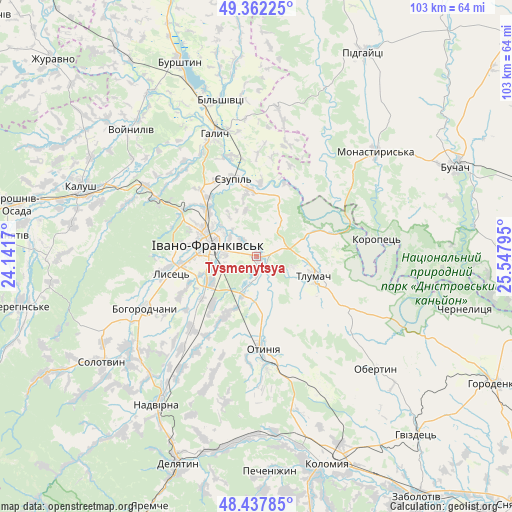 Tysmenytsya on map