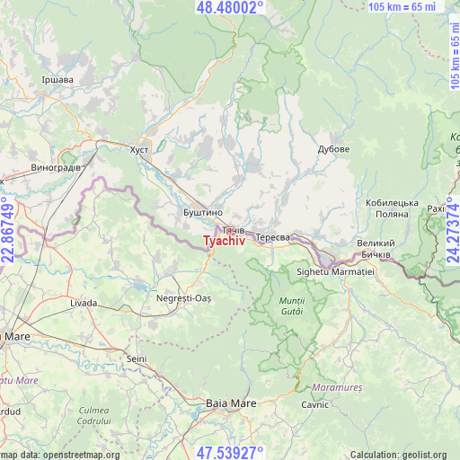 Tyachiv on map