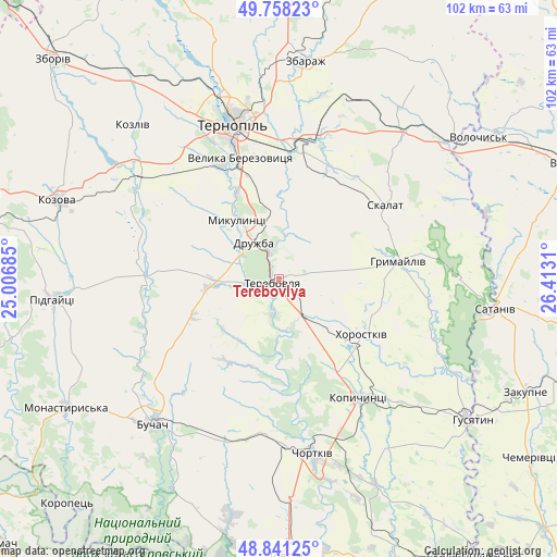 Terebovlya on map