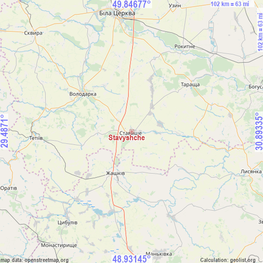Stavyshche on map