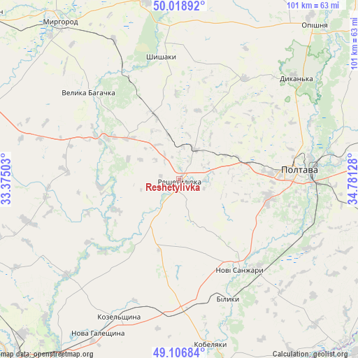Reshetylivka on map