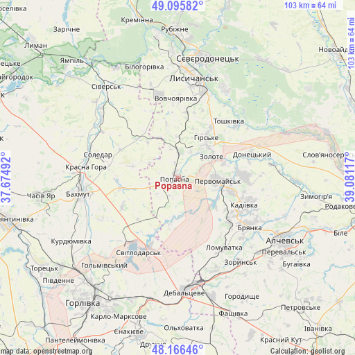 Popasna on map